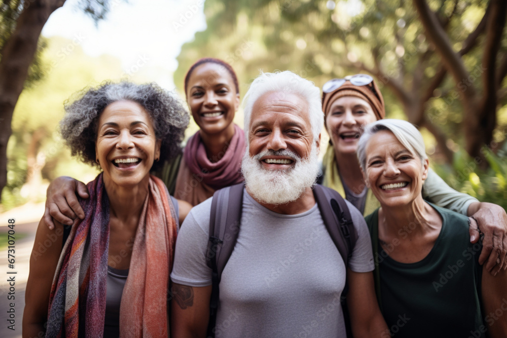 Portrait of a group of senior friends looking down at the camera while standing together, Smiling active senior people standing in a huddle after or before group yoga training in nature