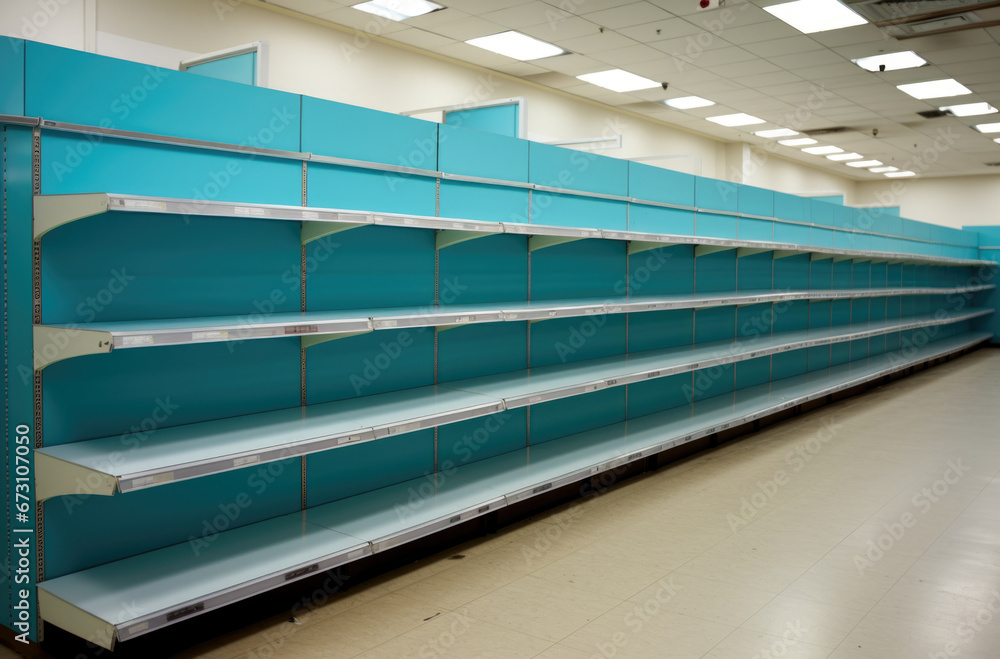 Obraz premium Supermarket with empty shelves for goods. Concept: sale and demand for purchases, deficit, excitement and epidemic, difficult economic situation