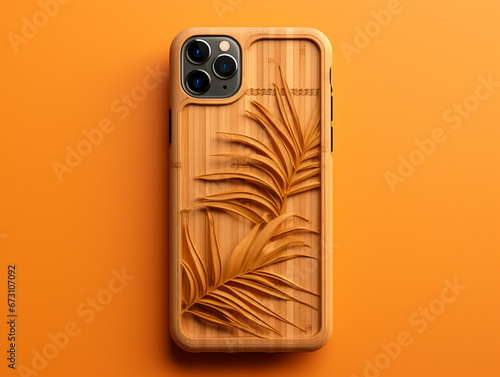 A modern smartphone with case made from bamboo.