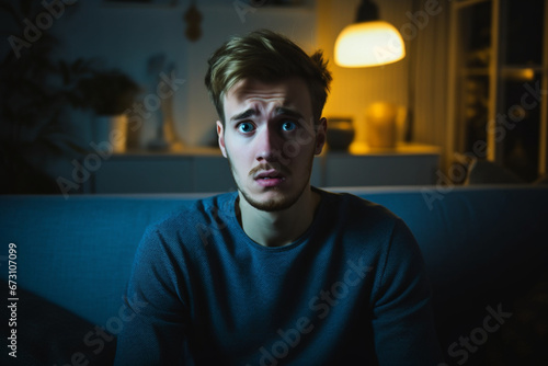 Portrait of a Handsome Man Sitting on a Couch at Home at Night, Watching Gore Horror Movie on TV, He Gets Really Scared, Confused and Disgusted