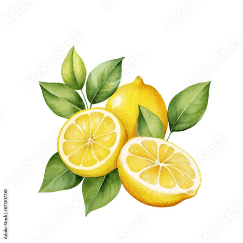 Watercolor lemon fruit with leaves for food vitamin design on white background