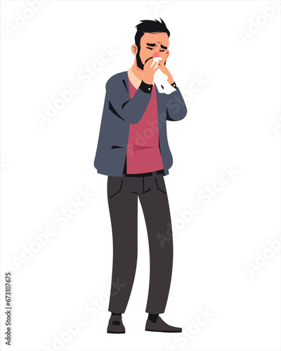 Sick character. Cartoon man with fever or corona virus illness symptoms. Patient with handkerchief suffering from influenza infection. Sneeze or cough. Runny nose. Vector medical concept