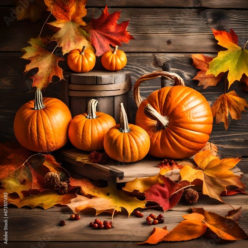 Thanksgiving Home Decoration: Autumn Still Life with Pumpkins and Leaves on Wooden Background