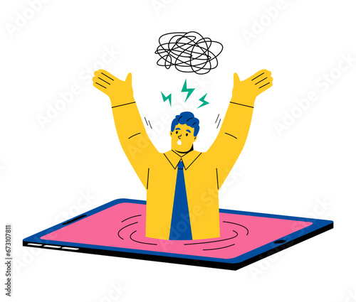 Business man addicted to smartphone, drowning in mobile phone screen. Addiction to media and gadgets concept. Flat vector illustration isolated on white background