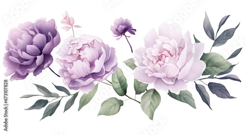 Collection of hand drawn watercolor pink and purple flowers isolated on a transparent background PNG, buds and leaves.