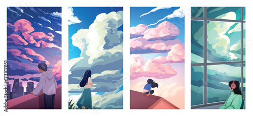 Summer nature. People walk in park. Person looking at sky clouds through window. Scenic scenery. Man relaxing on roof. Couple traveling. Young woman back view. Vector illustrations set