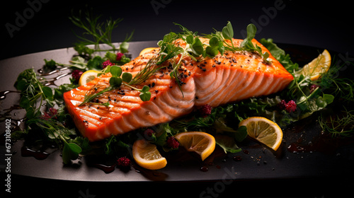 Salmon,Fresh and Nutritious Meal on a Dark Plate with Seafood and Vegetables,Healthy seafood and vegetable meal on black plate.