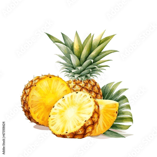 Watercolor pineapple slice fruit with leaves for food vitamin design on white background