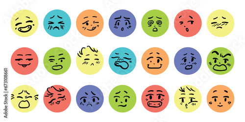 Happy faces. Smile doodle icons, abstract people family, fun avatar, emoji with cute eye, noses and mouth. Portrait positive emoticon. Different feelings. Vector cartoon persons isolated set