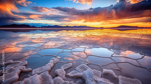 Salt Lake Reflections Crystalline Surface Vivid Colors Sunset Landscape Background © Image Lounge
