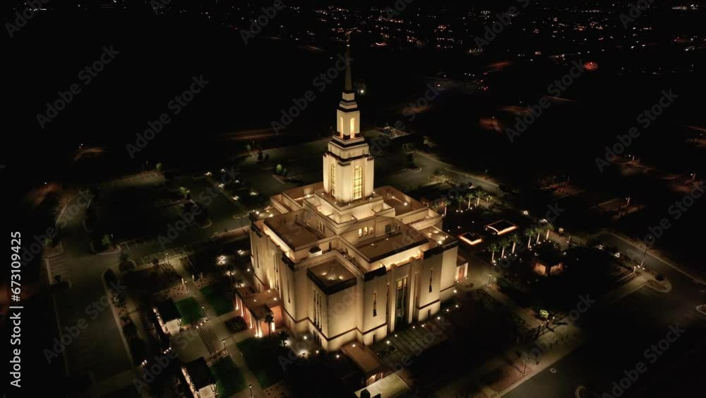 Aerial night LDS Red Cliff Temple St George Utah overhead. Red Cliff Temple, The Church of Jesus Christ of Latter-day Saints, LDS or Mormon religion. Eternal family ordnances. Sacred building. Aerial night LDS Red Cliff Temple St George Utah overhead. Red Cliff Temple, The Church of Jesus Christ of Latter-day Saints, LDS or Mormon religion. Eternal family ordnances. Sacred building.