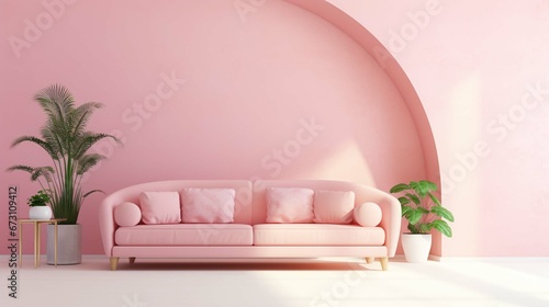 A pink pastel colored sofa in a pink walls living room mock up