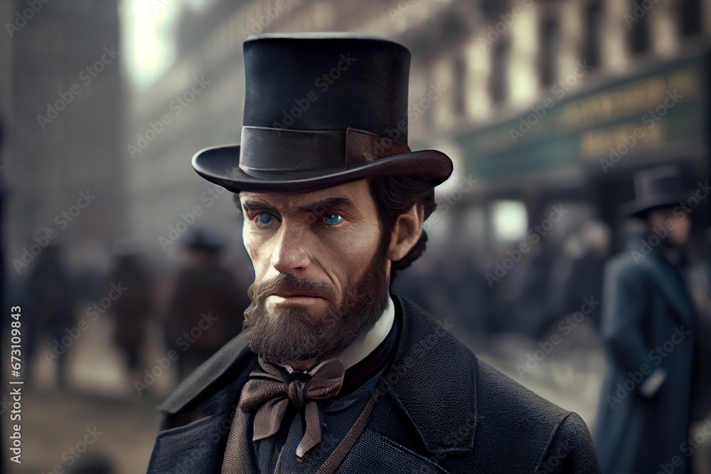 US president Abraham Abe Lincoln walk on the streets of New York. US president Abraham Abe Lincoln walk on the streets of New York.