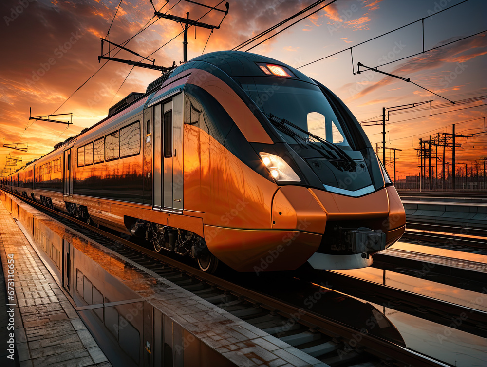 Fototapeta premium A fast-moving modern passenger train in motion on the railway station at sunset, with a motion blur effect on the railroad platform.