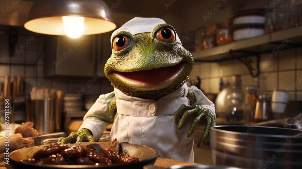 funny frog wear a chef uniforms cooking in the kitchen on kithen background. Generative AI - obrazy, fototapety, plakaty 
