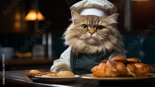 chef cat. Cat wearing chef uniforms, present a tasty burger on kithen background. Generative AI photo