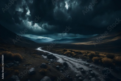 gloomy landscape, dark sky, realistic image, quality details - AI Generative