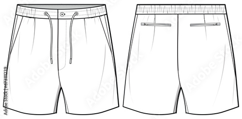 Men's Sports Sweat shorts design front and back view flat sketch fashion illustration, Knitted Jogger short cad drawing vector template photo