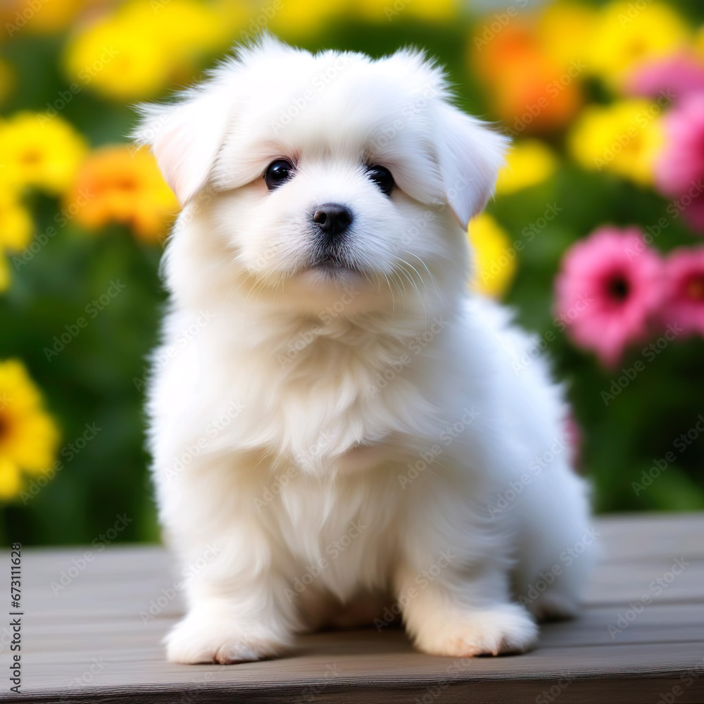 Retrato perrito blanco sobre una mesa de madera con un fondo verde con flores amarillas rosa y anaranjadas Retrato perrito blanco sobre una mesa de madera con un fondo verde con flores amarillas rosa y anaranjadas