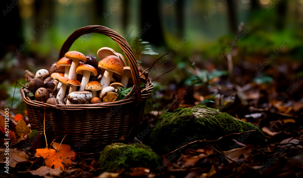 A woven basket filled with edible Mushrooms after a day of foraging in the autumn colored woods or woodland. Concept of finding food and delicacies in the forest. Shallow field of view. A woven basket filled with edible Mushrooms after a day of foraging in the autumn colored woods or woodland. Concept of finding food and delicacies in the forest. Shallow field of view.