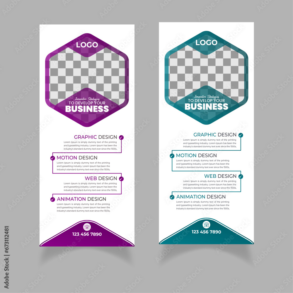 Business Marketing rollup banner design template | Standard design | Purple and green colors | corporate Business rollup banner Template | Marketing Agency rollup banner