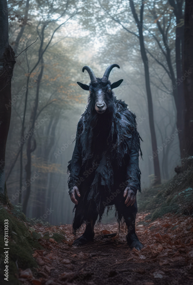 human-shaped goat in the forest 