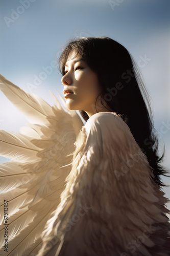 oriental woman with white angel wings