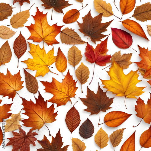 individual autumn leaves each with unique shades on white background