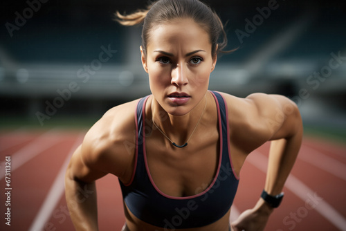 Muscled athlete girl focused and ready to race. Runner