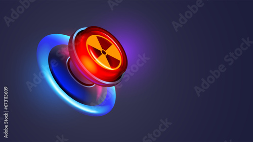 Red button symbol of nuclear war. Button launch atomic missiles. Nuke danger icon on red push button. Threat world war III. button as symbol apocalypse or armageddon.
