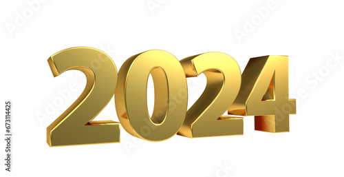 Jahr 2024 goldene plakative 3D-Schrift, Zukunft, Technologie, Fortschritt, Innovation, Trends, Visionen, Prognosen, Digitalisierung, Künstliche Intelligenz, Rendering, Freisteller
