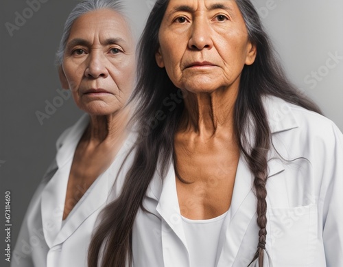 Two elderly native indigenous women as healthcare or lab workers in white lab coats photo