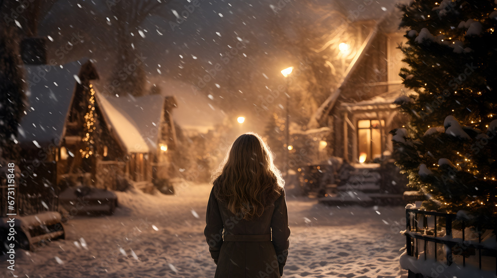 Woman walks in snowfall on the street Woman walks in snowfall on the street