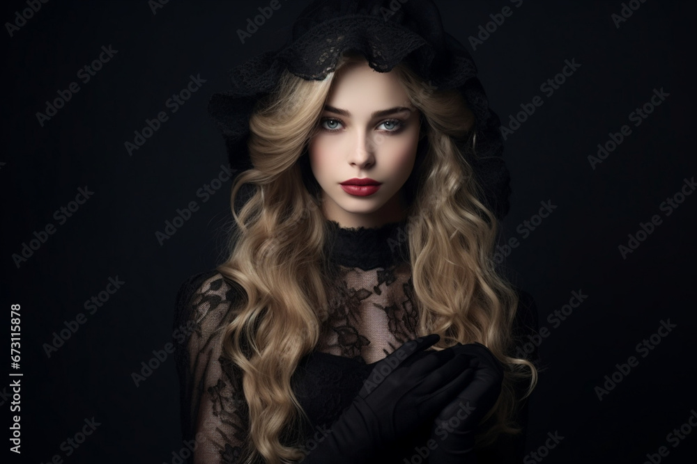 Portrait of young gorgeous woman with long wavy fair hair wearing black dress, long mesh gloves, silk printed kerchief