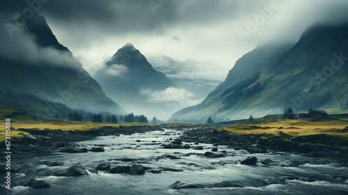 Landscape with Majestic Peaks Shrouded in Mist and Foggy Background