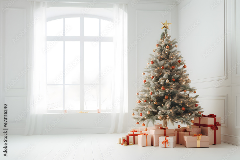 decorated christmas tree with a lot of gifts and presents in an empty white room