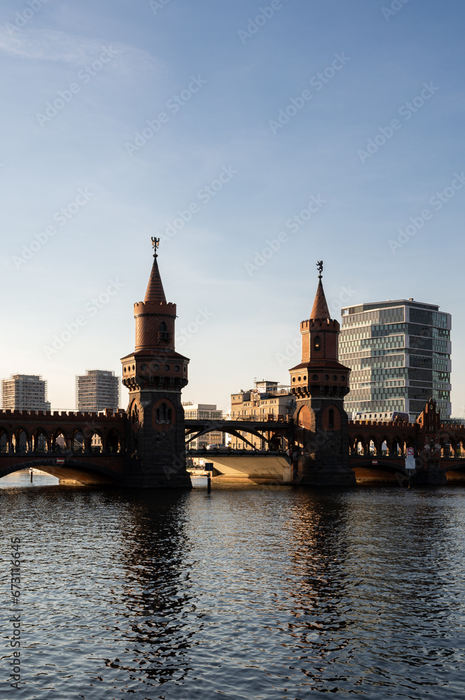 Berlin, Germany - April 22, 2023: the Oberbaumbruecke (Oberbaum bridge), river Spree, Berlin-Friedrichshain.
