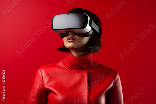 Portrait of Young woman using vr glasses on red background, Latin american woman wearing virtual reality simulator headset on studio background © alisaaa