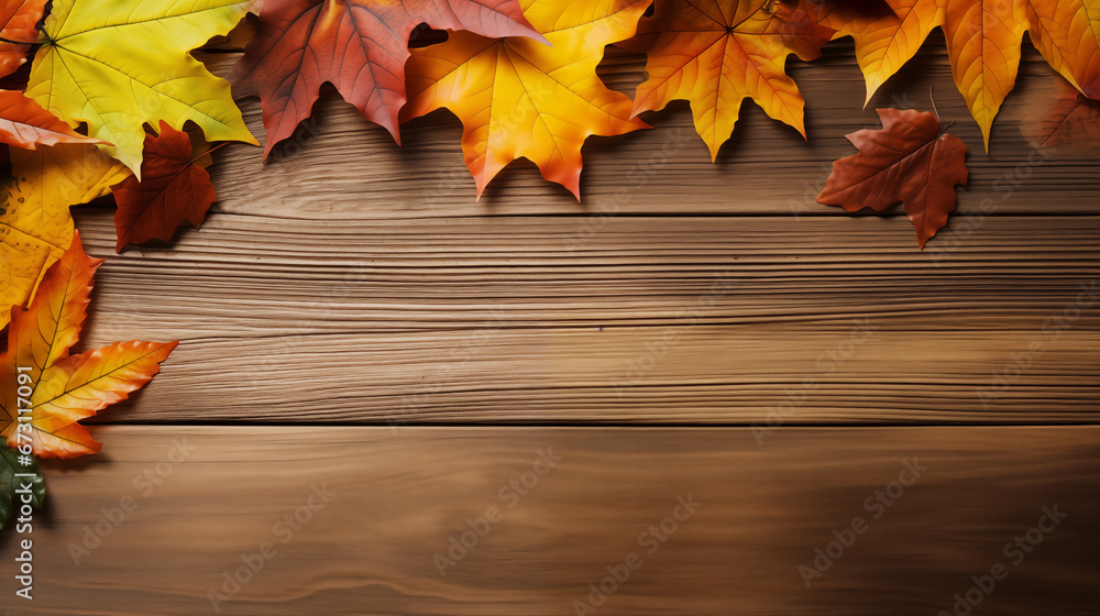 Obraz premium maple autumn leaf on wood background with space