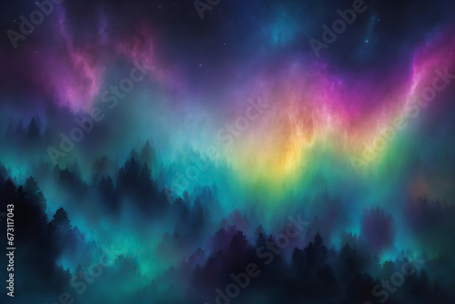 A vivid aurora borealis display over a shadowy forest under a starry night sky.