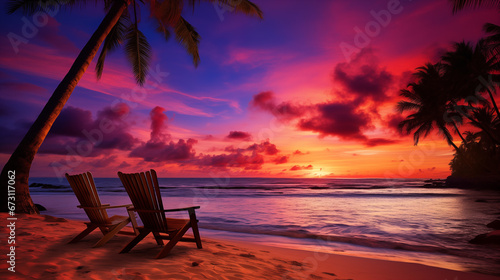 captivating image of a serene beach at sunset with chair