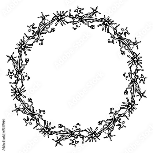 Vector decorative wreath with Aspergillus hyphae. Black doodle, simple lines. Coaster design. Greeting card. Microbiology. Fungi.