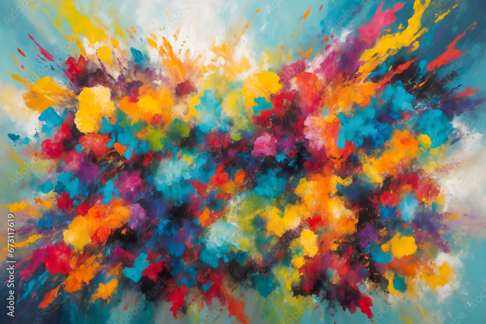 Abstract colorful oil painting with vibrant splashes of blue, yellow, red, and purple hues resembling a floral burst.