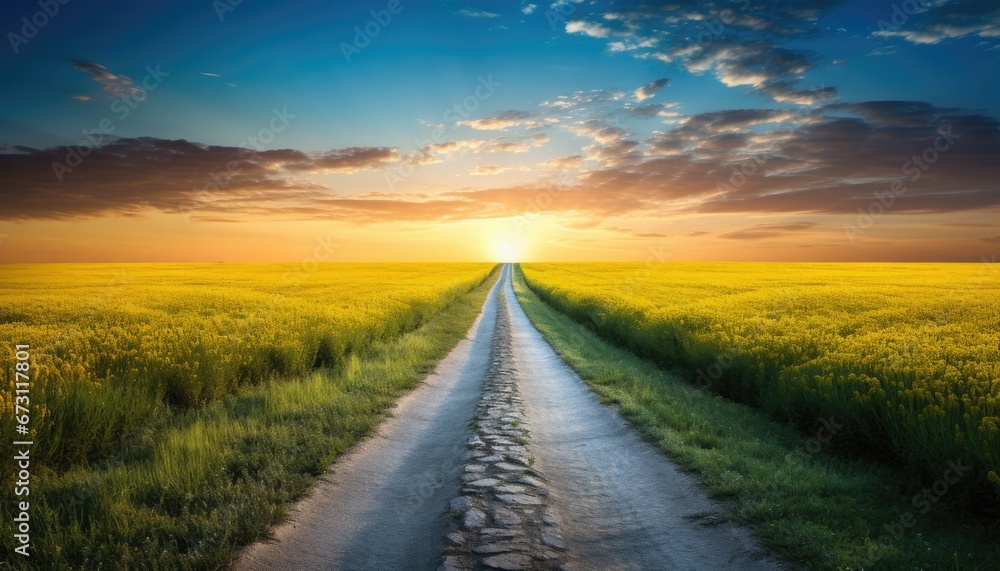 A straight dirt road leads through a beautiful field at sunset. A straight dirt road leads through a beautiful field at sunset.