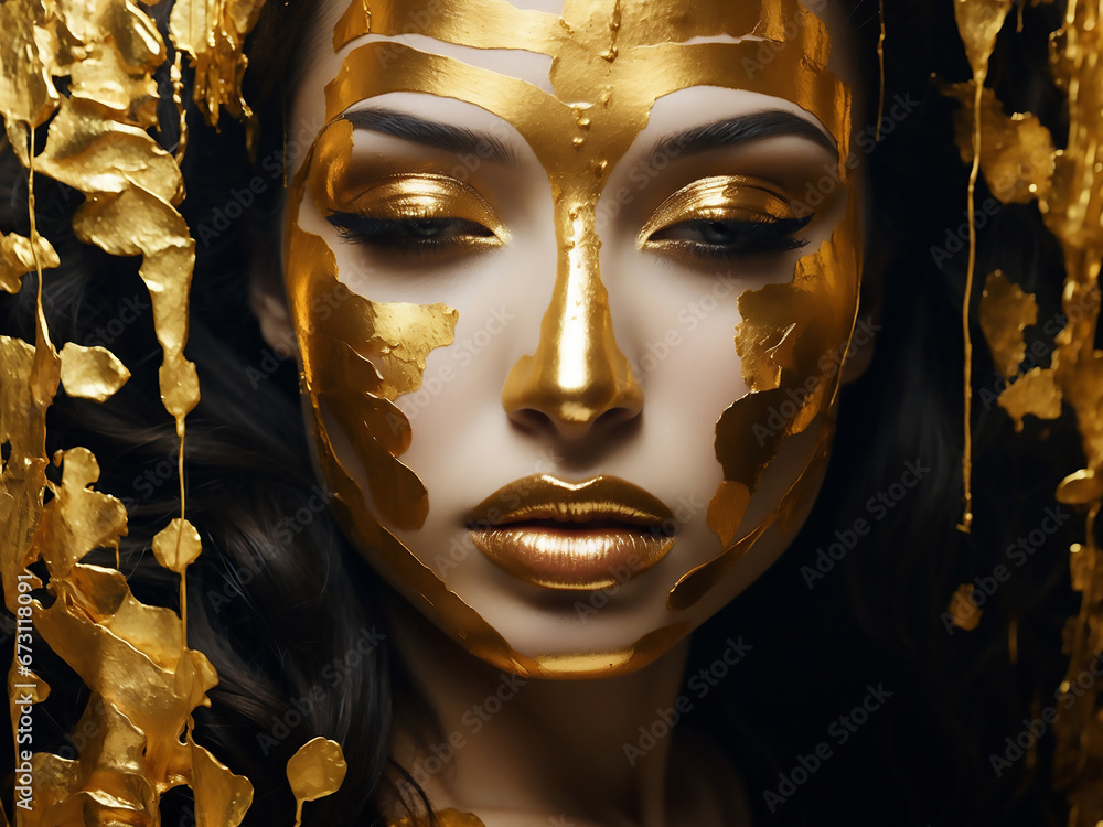 portrait of a woman, golden color, dripping, golden makeup