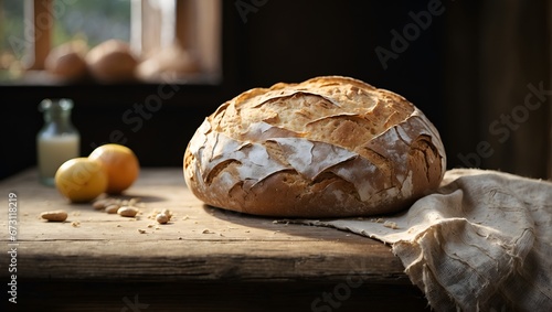 loaf of bread on wooden table, homemade sourdough bread 