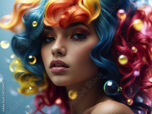 portrait of a woman with rainbow hair and colorful makeup