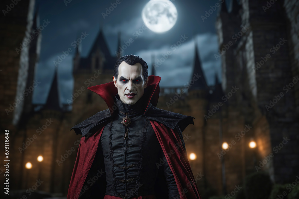 A menacing vampire figure with red eyes stands before a castle under a full moon. A menacing vampire figure with red eyes stands before a castle under a full moon.