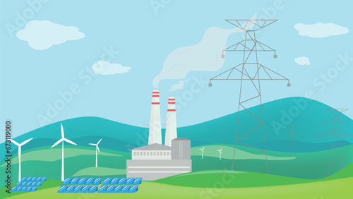 electricity generation production vector illustration. power plant landscape 