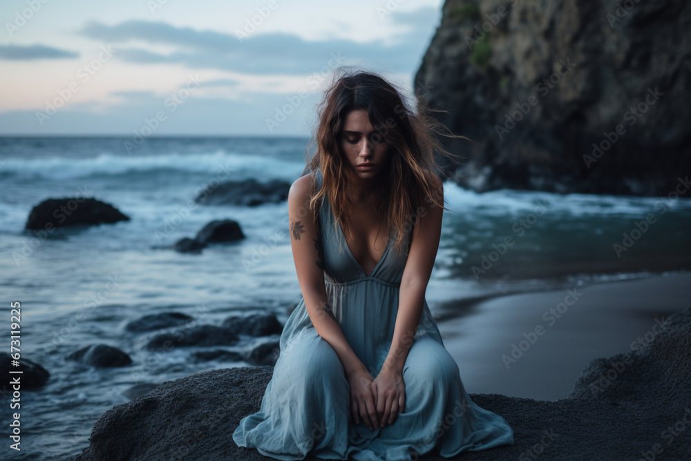 Sad woman, stress or depression by beach, sea environment or nature ocean with bipolar, loneliness or burnout, Mental health, anxiety or confused person crying with doubt, crisis fail or bad problem
